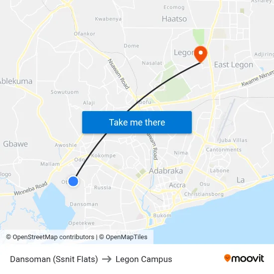 Dansoman (Ssnit Flats) to Legon Campus map