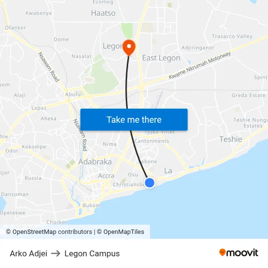Arko Adjei to Legon Campus map