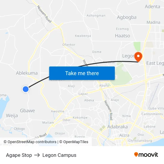 Agape Stop to Legon Campus map