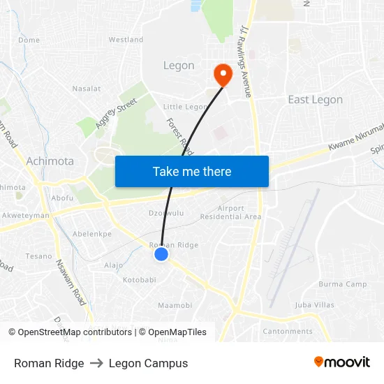 Roman Ridge to Legon Campus map