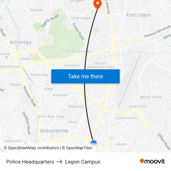 Police Headquarters to Legon Campus map