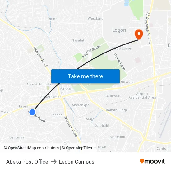 Abeka Post Office to Legon Campus map
