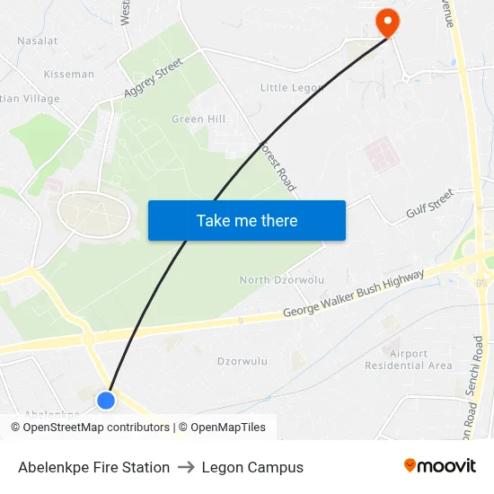 Abelenkpe Fire Station to Legon Campus map