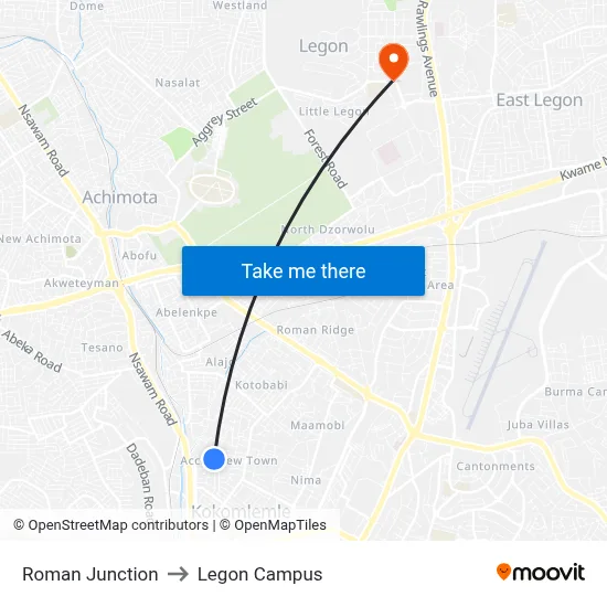 Roman Junction to Legon Campus map