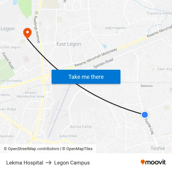 Lekma Hospital to Legon Campus map