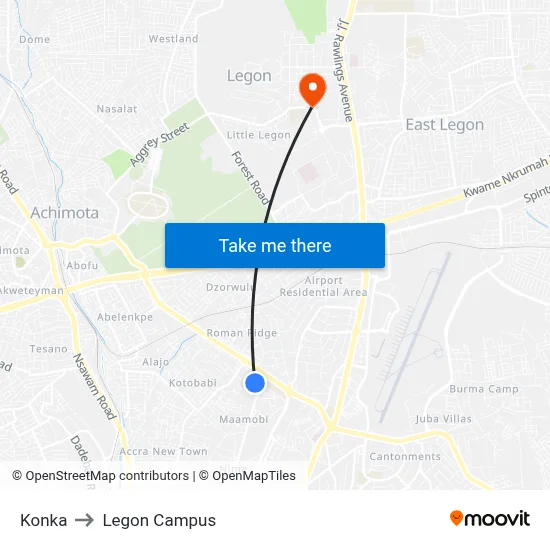 Konka to Legon Campus map
