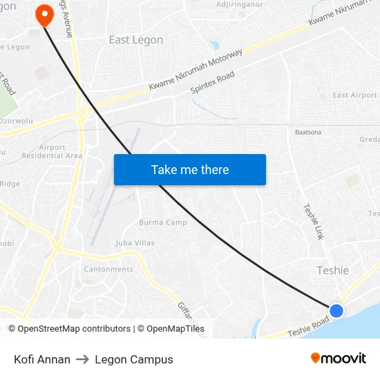 Kofi Annan to Legon Campus map