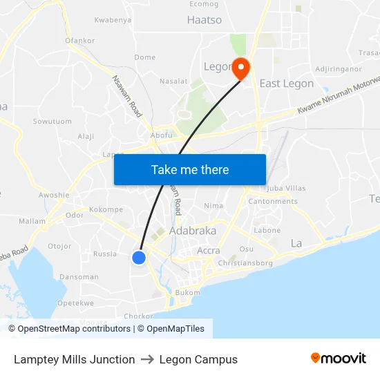Lamptey Mills Junction to Legon Campus map