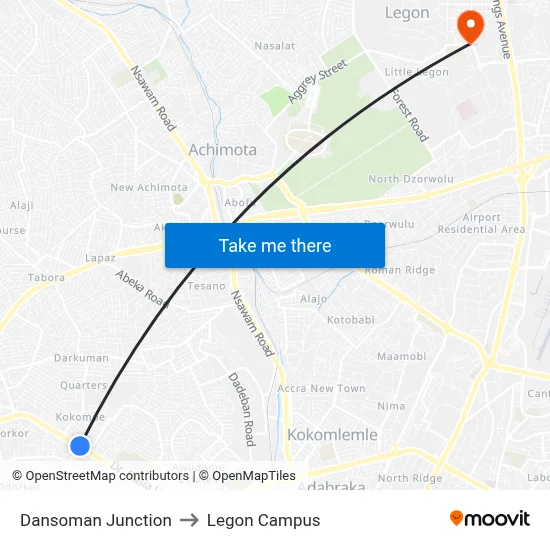 Dansoman Junction to Legon Campus map