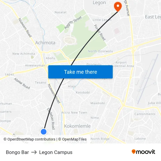 Bongo Bar to Legon Campus map