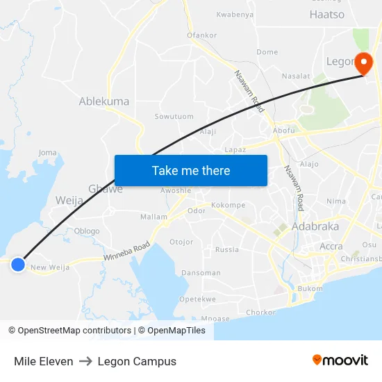Mile Eleven to Legon Campus map