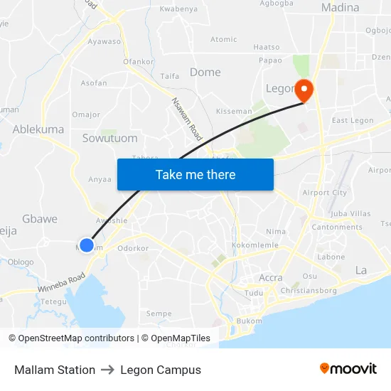 Mallam Station to Legon Campus map