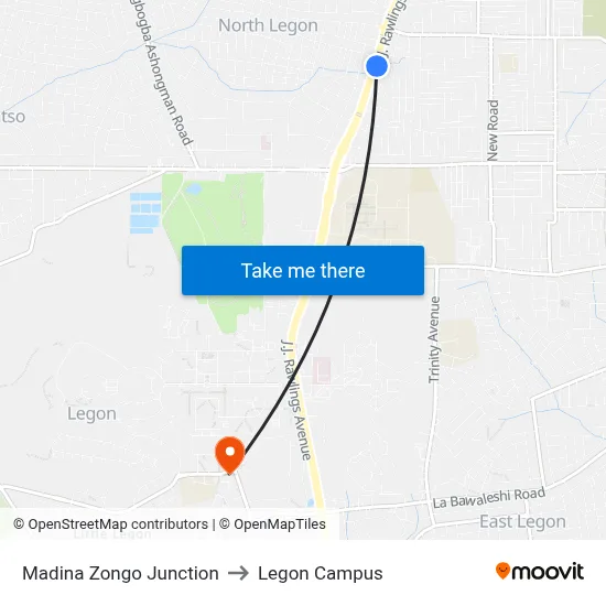 Madina Zongo Junction to Legon Campus map