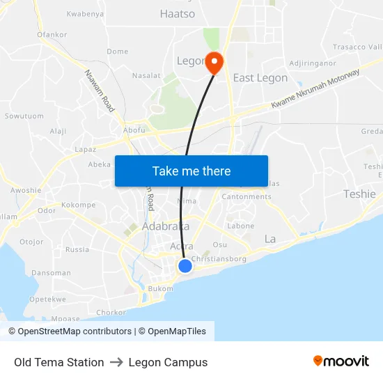 Old Tema Station to Legon Campus map