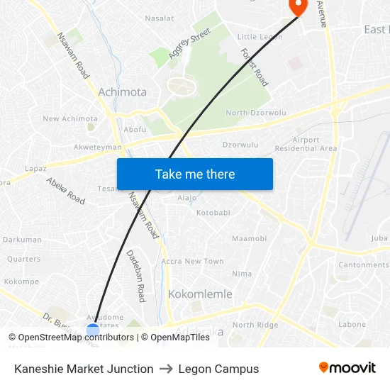 Kaneshie Market Junction to Legon Campus map