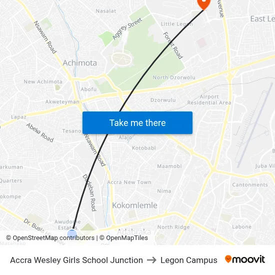 Accra Wesley Girls School Junction to Legon Campus map