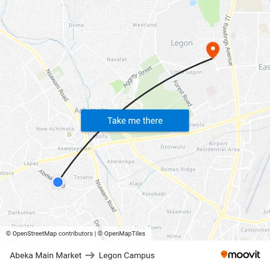 Abeka Main Market to Legon Campus map