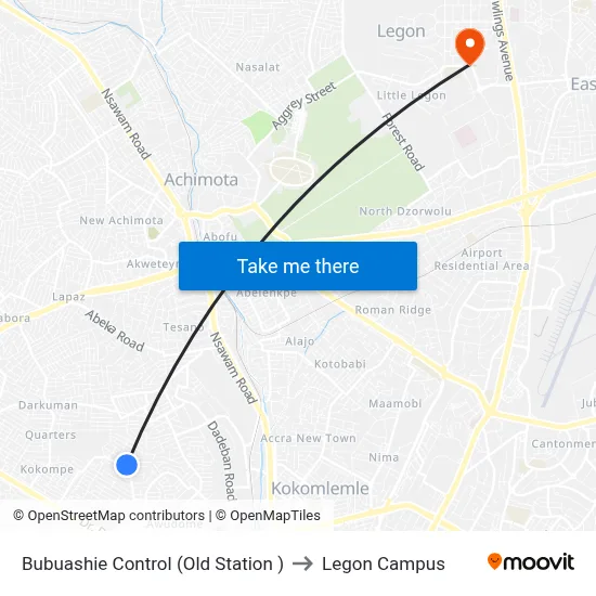 Bubuashie Control (Old Station ) to Legon Campus map