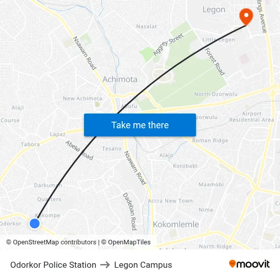 Odorkor Police Station to Legon Campus map