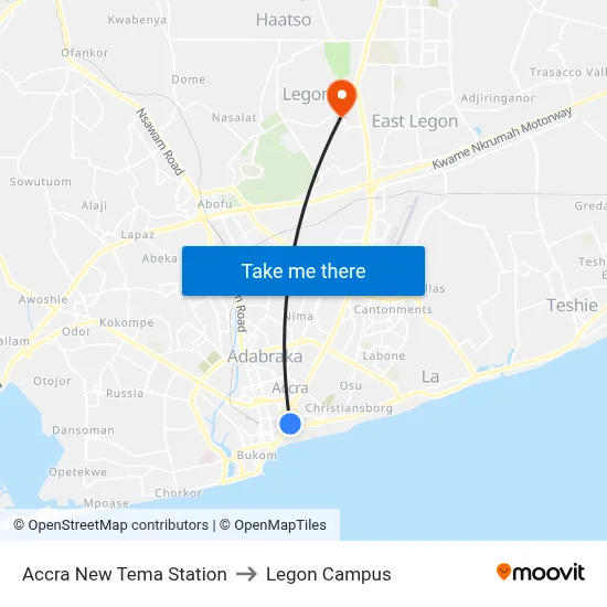 Accra New Tema Station to Legon Campus map