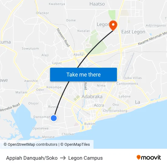 Appiah Danquah/Soko to Legon Campus map