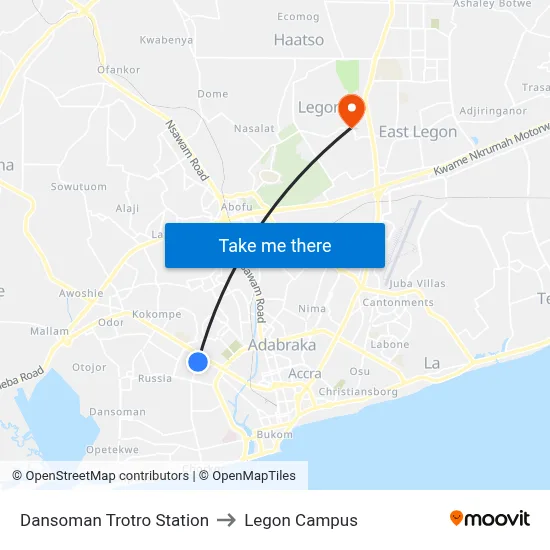 Dansoman Trotro Station to Legon Campus map