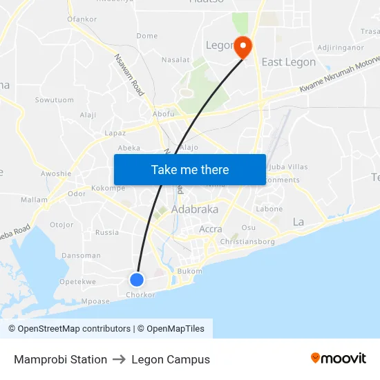 Mamprobi Station to Legon Campus map