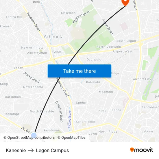 Kaneshie to Legon Campus map
