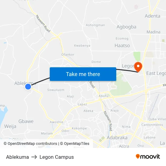 Ablekuma to Legon Campus map