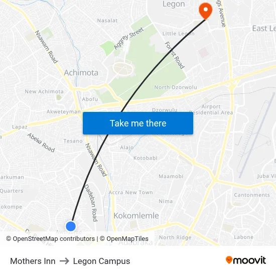 Mothers Inn to Legon Campus map