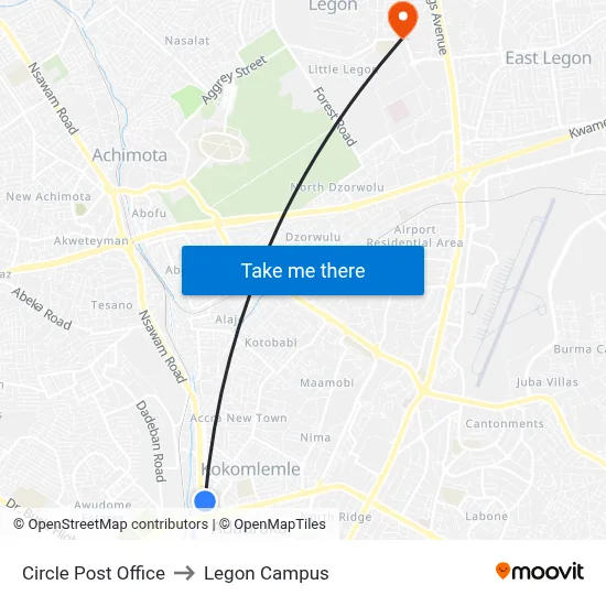 Circle Post Office to Legon Campus map