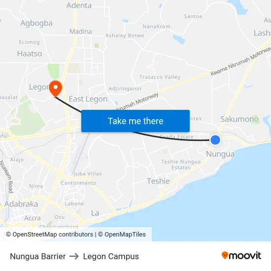 Nungua Barrier to Legon Campus map
