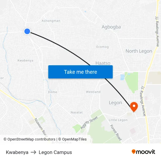 Kwabenya to Legon Campus map
