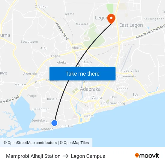 Mamprobi Alhaji Station to Legon Campus map