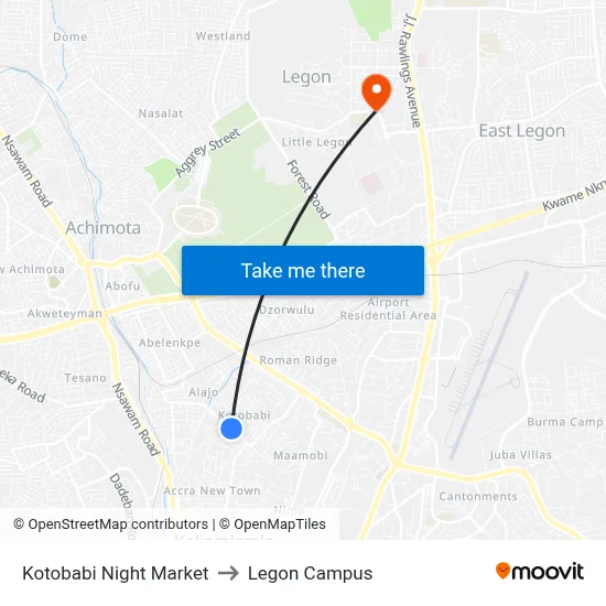 Kotobabi Night Market to Legon Campus map