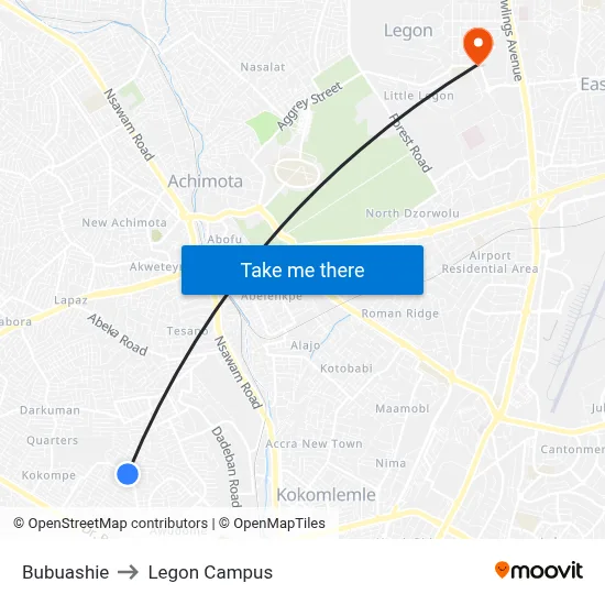Bubuashie to Legon Campus map