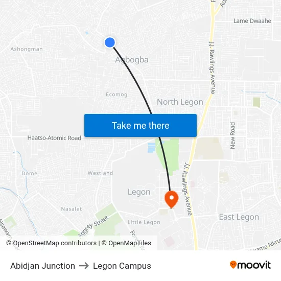 Abidjan Junction to Legon Campus map