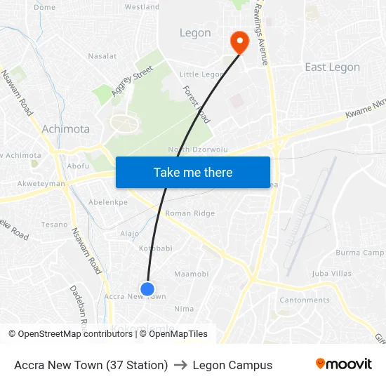 Accra New Town (37 Station) to Legon Campus map