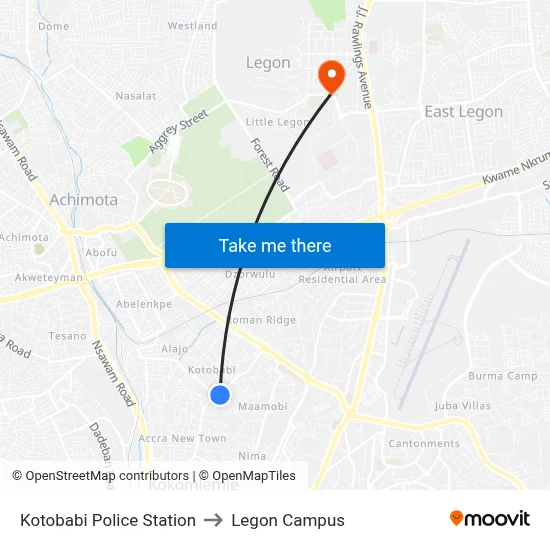 Kotobabi Police Station to Legon Campus map