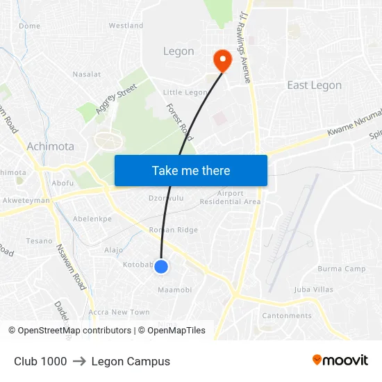 Club 1000 to Legon Campus map