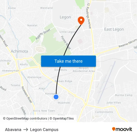 Abavana to Legon Campus map