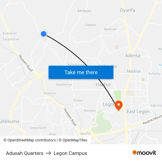 Adusah Quarters to Legon Campus map