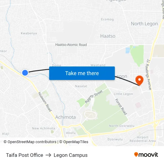 Taifa Post Office to Legon Campus map