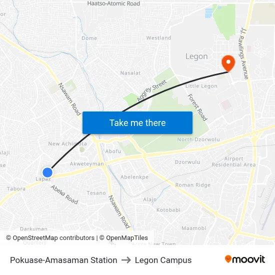 Pokuase-Amasaman Station to Legon Campus map