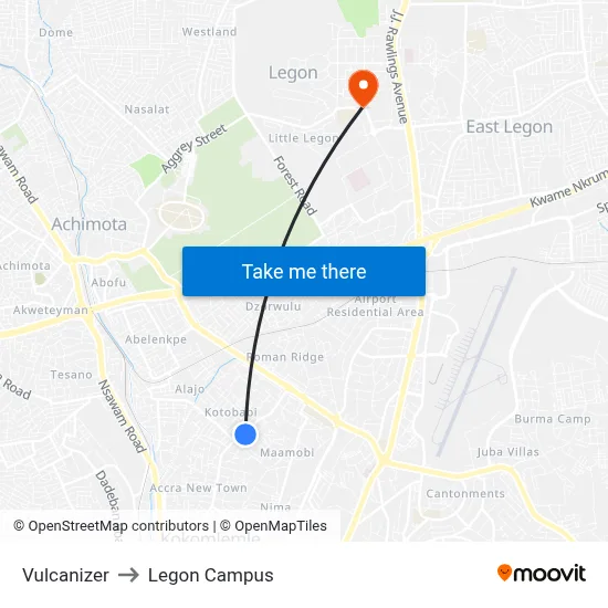 Vulcanizer to Legon Campus map