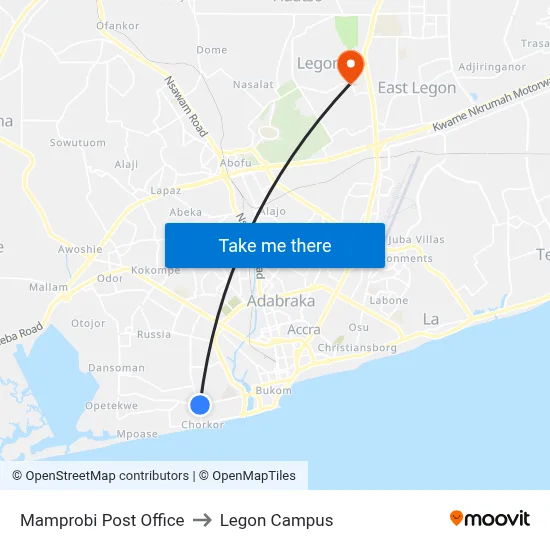 Mamprobi Post Office to Legon Campus map