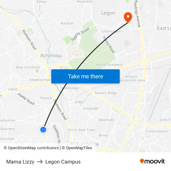 Mama Lizzy to Legon Campus map