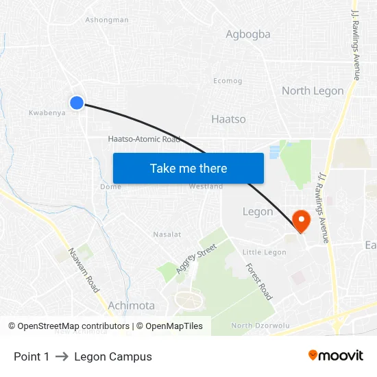 Point 1 to Legon Campus map