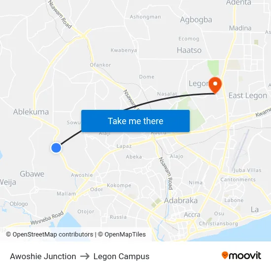 Awoshie Junction to Legon Campus map