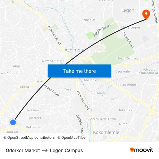 Odorkor Market to Legon Campus map